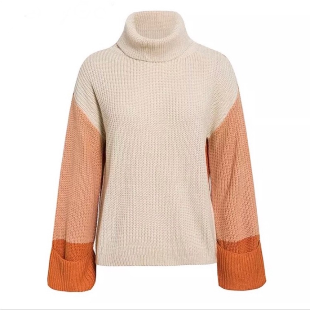 New! Cream Orange Color Block turtleneck sweater - Picture 5 of 7